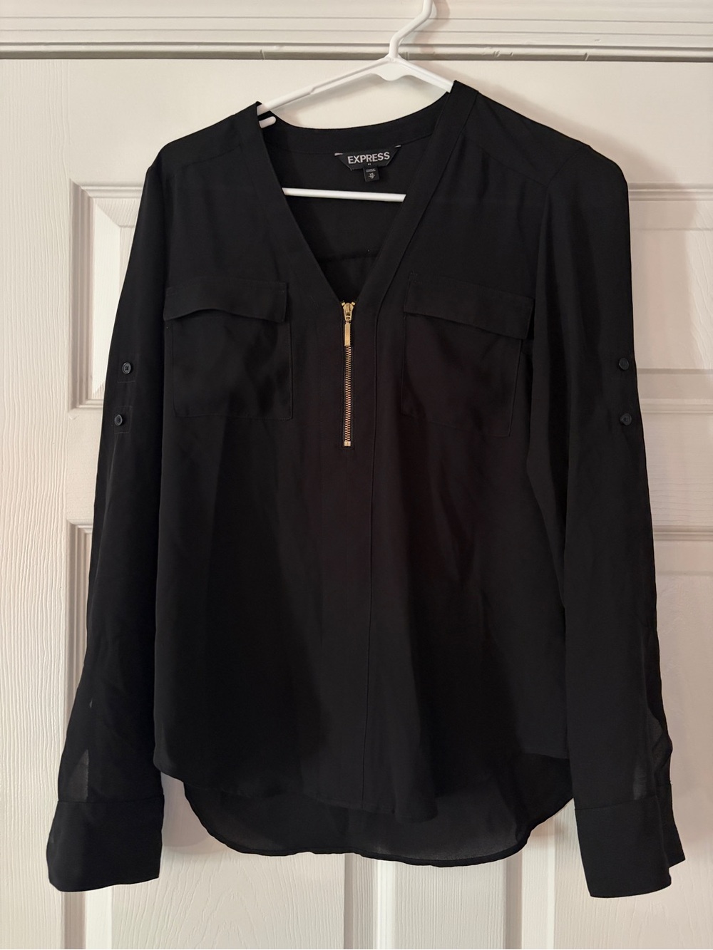 Express Black Gold Zip V-Neck Blouse